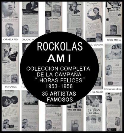 CARTEL ANTIGUO ORIGINAL DE SERIE COMPLETA 37 AFICHES ROCKOLAS AMI Y ARTISTAS FAMOSOS 1953-56