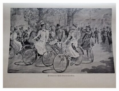 NOTAS Y GRABADO ANTIGUO 1896 CICLISTAS DE LONDRES ETC