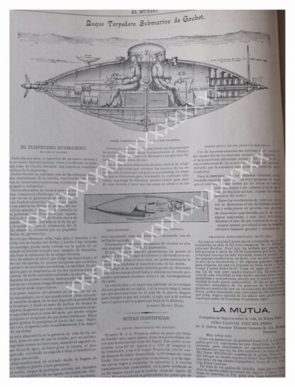 NOTA PRENSA ANTIGUA 1896 EL SUBMARINO DE GOUBET