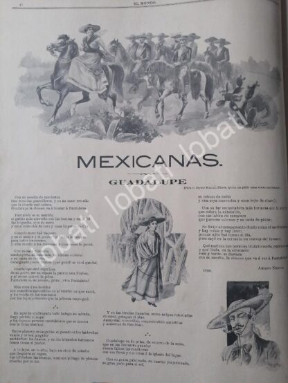 CARTEL ANTIGUO ORIGINAL DE POEMA INEDITO DE AMADO NERVO. MEXICANAS-GUADALUPE 1899 DIBUJO DE CARLOS ALCALDE