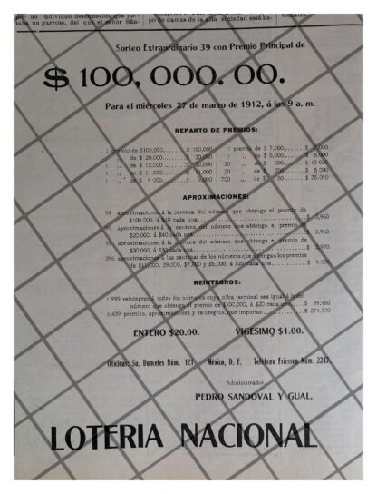 AFICHE ANTIGUO LOTERIA NACIONAL PEDRO SANDOVAL Y GUAL /2