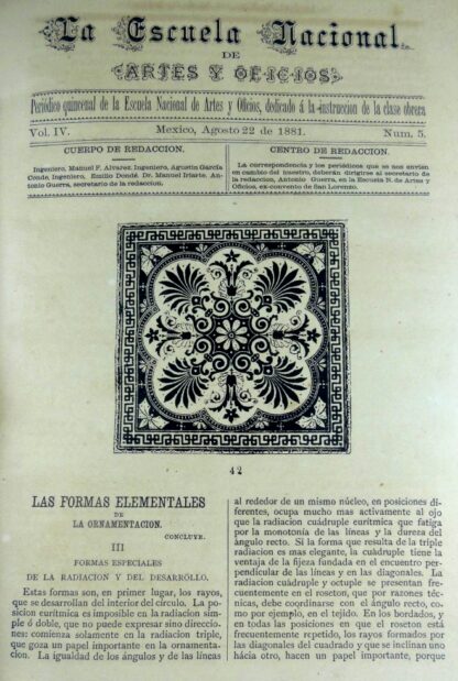 GACETA ANTIGUA. ESCUELA NACIONAL DE ARTES Y OFICIOS. AGO 1881 /2