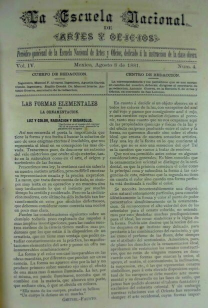 GACETA ANTIGUA. ESCUELA NACIONAL DE ARTES Y OFICIOS. AGO 1881