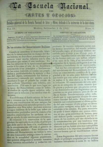 GACETA ANTIGUA. ESCUELA NACIONAL DE ARTES Y OFICIOS. SEP 1881