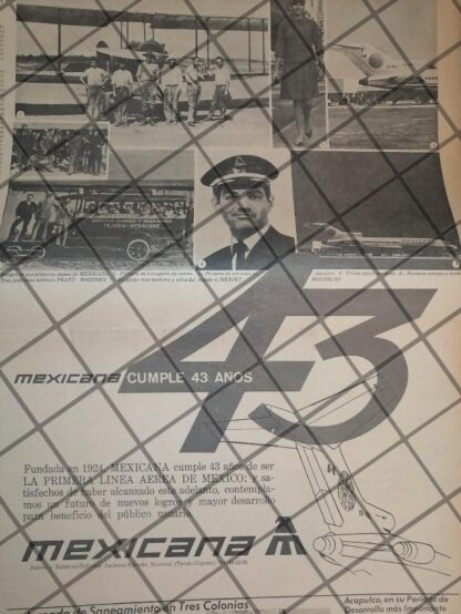 PUBLICIDAD RETRO AEROLINEA MEXICANA DE AVIACION 43 ANIV. 1967