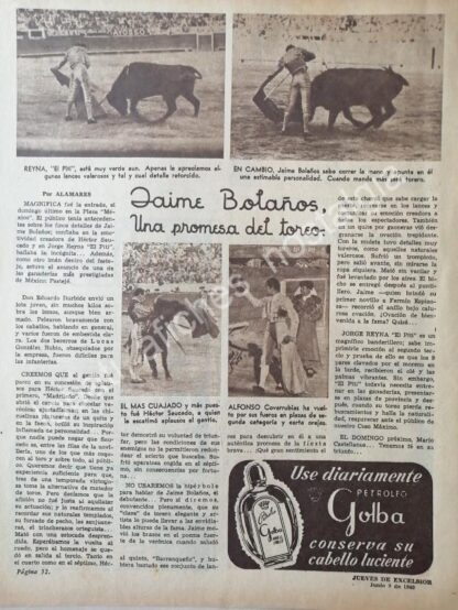 CARTEL ANTIGUO ORIGINAL DE NOTA DE PRENSA, TORERO JAIME BOLAÑOS 1949 / FEP TOROS