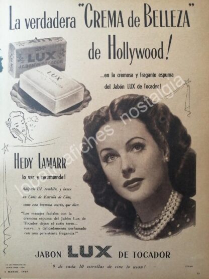 CARTEL ANTIGUO ORIGINAL DE HEDY LAMARR Y JABON LUX 1947/ FEP