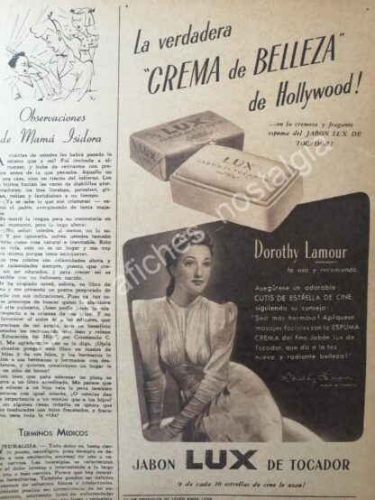 CARTEL ANTIGUO ORIGINAL DE DOROTHY LAMOUT Y JABON LUX 1947/ FEP