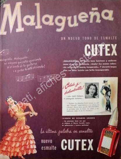 CARTEL ANTIGUO ORIGINAL DE BAILARINA EDITH PALOMERO Y ESMALTE CUTEX 1946 / FEP