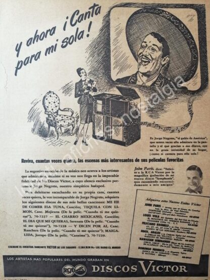 CARTEL ANTIGUO ORIGINAL DE JORGE NEGRETE EN DISCOS VICTOR 1946 / FEP /RARO