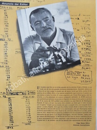 CARTEL ANTIGUO ORIGINAL DE EDITORIAL LIFE Y ERNEST HEMINGWAY 1960 / FEP