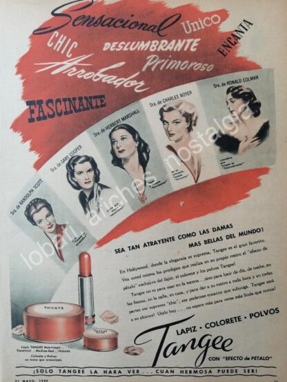 CARTEL ANTIGUO ORIGINAL DE ACTRICES DE CINE Y LAPIZ LABIAL TANGUEE 1946