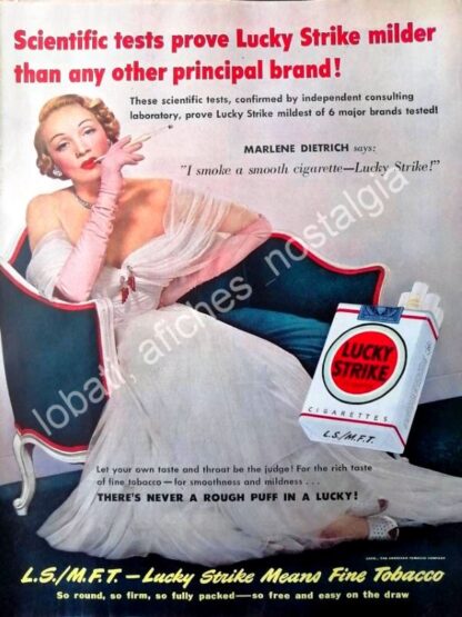 CARTEL ANTIGUO ORIGINAL DE MARLENE DIETRICH Y CIGARROS LUCKY STRIKE 1950 / FEP