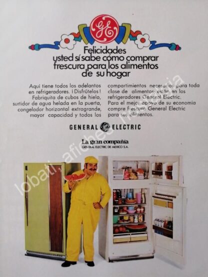 CARTEL ANTIGUO ORIGINAL DE EDGAR VIVAR EN REFRIGERADORES GENERAL ELECTRIC 1980s /FEP