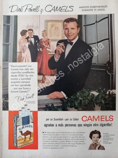 CARTEL ANTIGUO ORIGINAL DE CIGARROS CAMEL CON DICK POWELL 1954 FEP