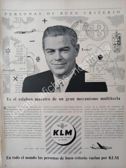 CARTEL ANTIGUO ORIGINAL DE RAY W. MAC DONALD Y AEROLINEAS KLM 1956 /FEP