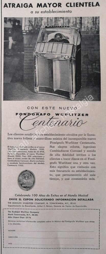 CARTEL ANTIGUO ORIGINAL DE ROCKOLAS WURLITZER CENTENARIO 100 ANIVERSARIO 1956 / MUY RARO