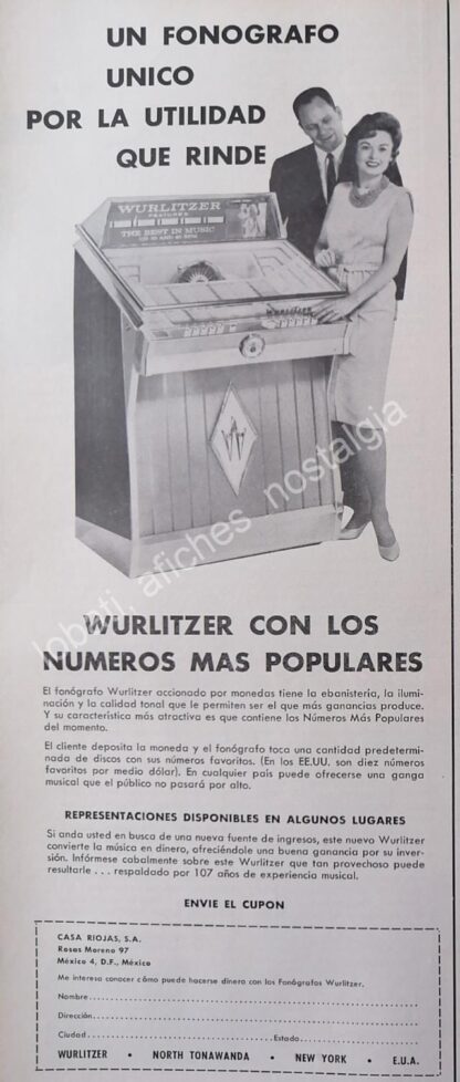 CARTEL ANTIGUO ORIGINAL DE ROCKOLAS WURLITZER 1956