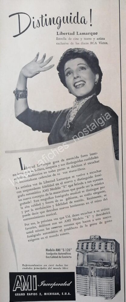 CARTEL ANTIGUO ORIGINAL DE LIBERTAD LAMARQUE Y LAS ROCKOLAS AMI 1950s /RARO/ FEP