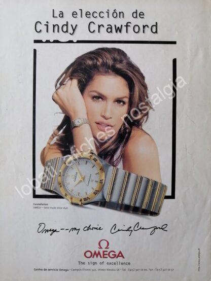 CARTEL ANTIGUO ORIGINAL DE CINDY CRAWFORD Y LOS RELOJES OMEGA Ca. 1997 /FEP