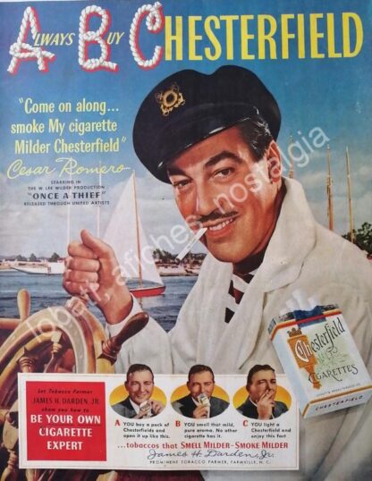 CARTEL ANTIGUO ORIGINAL DE CESAR ROMERO Y CIGARROS CHESTERFIELD 1950 / RARO. FEP