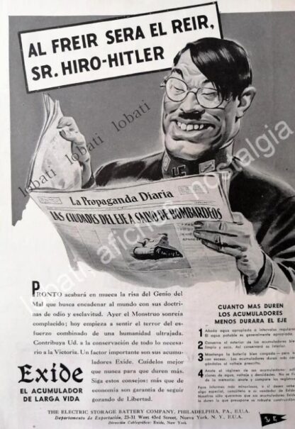 CARTEL ANTIGUO ORIGINAL DE HIROITO Y ADOLF HITLER EN ACUMULADORES EXIDE 1942