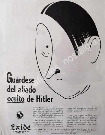 CARTEL ANTIGUO ORIGINAL DE ADOLF HITLER EN ACUMULADORES EXIDE 1943 / SUPER RARO