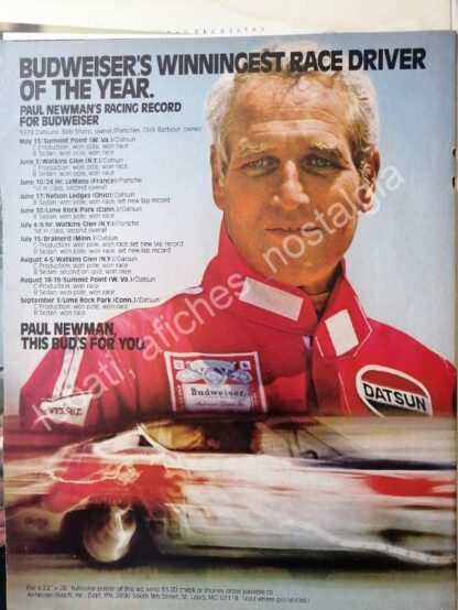 CARTEL ANTIGUO ORIGINAL DE PAUL NEWMAN Y LA ESCUDERIA BUDWEISER 1980s /FEP