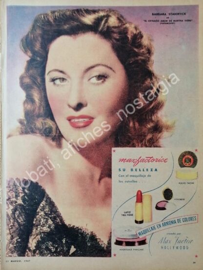 CARTEL ANTIGUO ORIGINAL DE BARBARA STANWYC Y MAX FACTOR 1947 / FEP