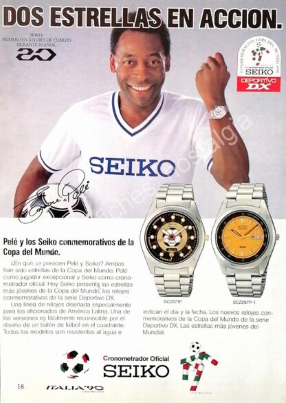 CARTEL ANTIGUO ORIGINAL DE FUTBOLISTA PELE Y RELOJES SEIKO, COPA MUNDIAL ITALIA 90