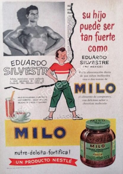 CARTEL ANTIGUO ORIGINAL DE EDUARDO SILVESTRE Y CHOCOLATE EN POLVO MILO 1958 /SUPER RARO