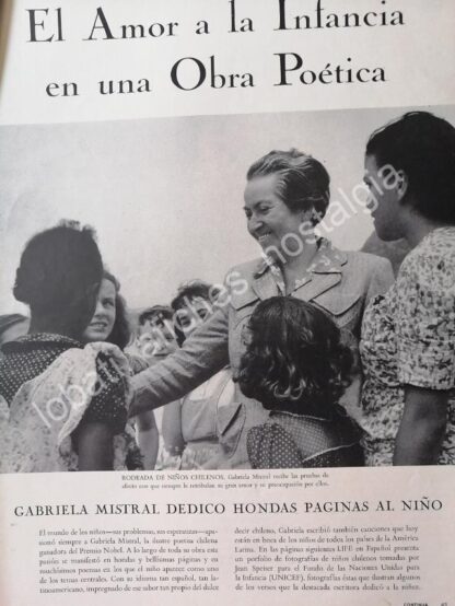 CARTEL ANTIGUO ORIGINAL DE FOTO GRABADO GABRIELA MISTRAL 1950s