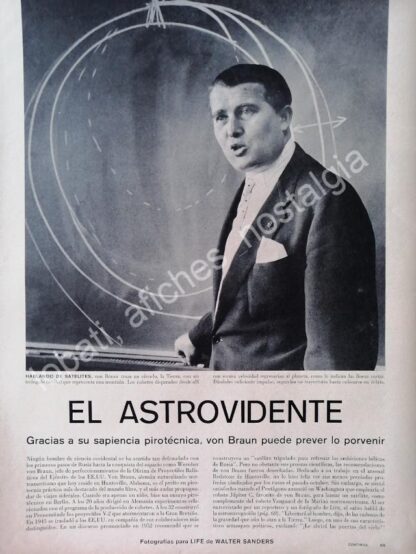 CARTEL ANTIGUO ORIGINAL DE NOTA SOBRE EL CIENTIFICO WERNHER VON BRAUN 1950s