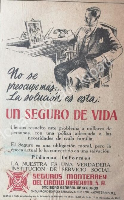 CARTEL ANTIGUO ORIGINAL DE SEGUROS MONTERREY DEL CIRCULO MERCANTIL 1940s /185