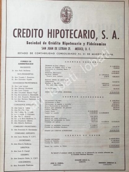 CARTEL ANTIGUO ORIGINAL DE CREDITO HIPOTECARIO S.A 1956 /186