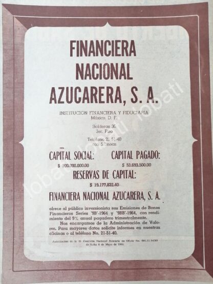 CARTEL ANTIGUO ORIGINAL DE BANCO FINANCIERA NACIONAL AZUCARERA 1964 /213