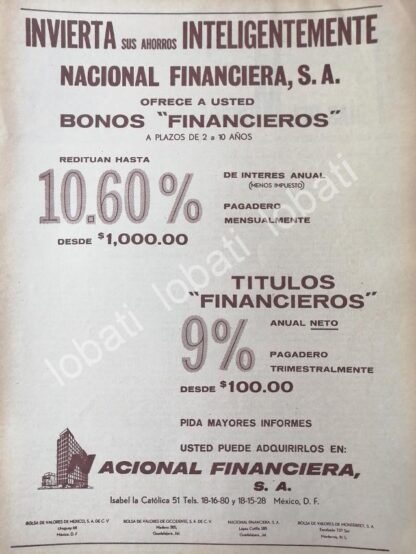 CARTEL ANTIGUO ORIGINAL DE BANCO. BONOS DE NAFINSA. NACIONAL FINANCIERA 1960s /214