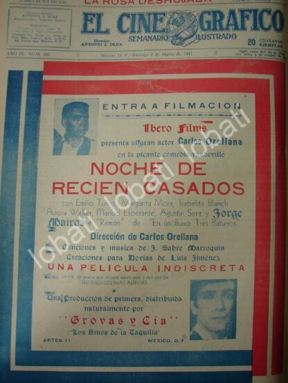 CARTEL ANTIGUO ORIGINAL DE INICIAN FILMACION DE LA PELICULA. NOCHE DE RECIEN CASADOS 1941 /N64