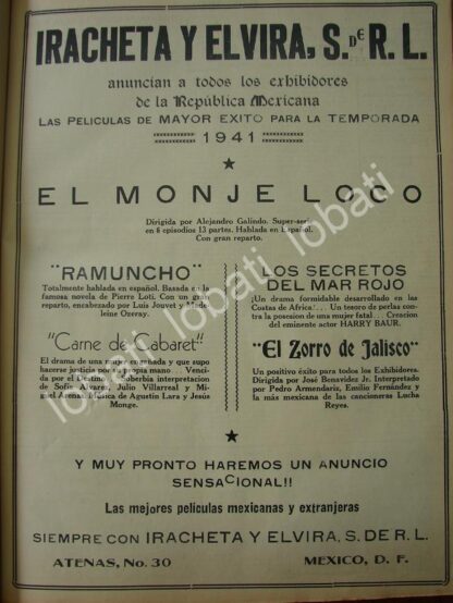 CARTEL ANTIGUO ORIGINAL DE PRODUCTORA DE CINE IRACHETA Y ELVIRA S.A 1941 /N66