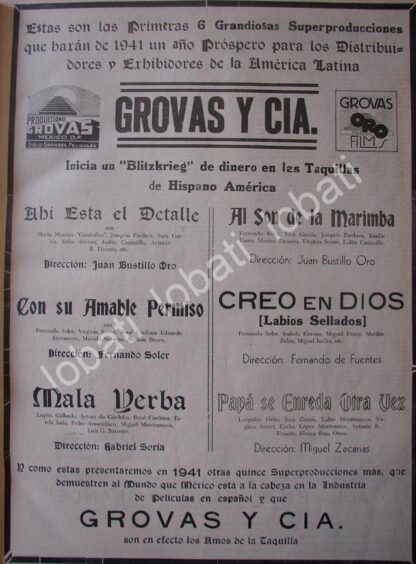 CARTEL ANTIGUO ORIGINAL DE PUBLICIDAD PRODUCCIONES GROVAS Y CIA 1941