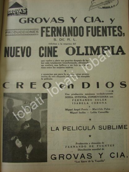 CARTEL ANTIGUO ORIGINAL DE REINAGURACION DEL CINE OLIMPIA Y LA PELICULA CREO EN DIOS 1941 /N78