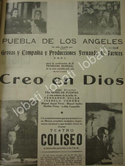 CARTEL ANTIGUO ORIGINAL DE CINE COLISEO DE PUEBLA ESTRENO. PELICULA. CREO EN DIOS 1941 /N79