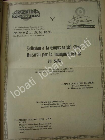 CARTEL ANTIGUO ORIGINAL DE PRODUCTORAS FELICITAN POR INAUGURACION DEL CINE BUCARELI 1941 /84