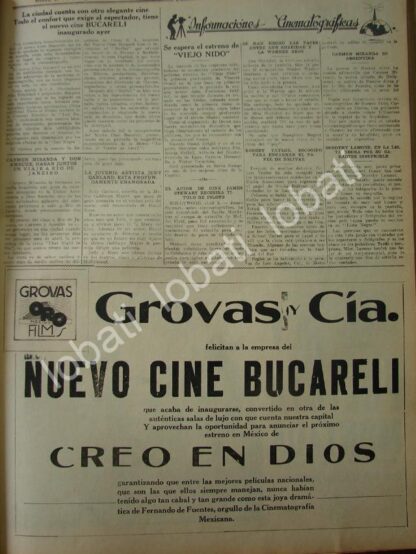 CARTEL ANTIGUO ORIGINAL DE GROVAS Y CIA FELICITAN INAUGURACION DE CINE BUCARELI 1941 Y MAS NOTAS