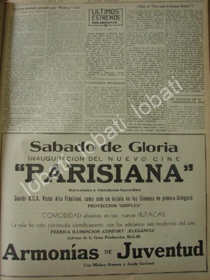 CARTEL ANTIGUO ORIGINAL DE INAUGURAN EL CINE PARISINA 1941 /N91