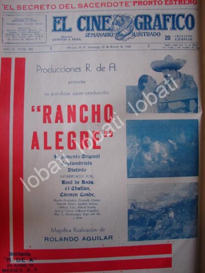 CARTEL ANTIGUO ORIGINAL DE PUBLICIDAD ESTRENO DE PELICULA RANCHO ALEGRE 1941