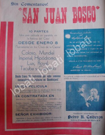 CARTEL ANTIGUO ORIGINAL DE PELICULA SAN JUAN BOSCO 1941, AVALADA POR ARZOBISPO DE MEXICO /3