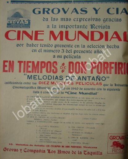 CARTEL ANTIGUO ORIGINAL DE EXITO DE LA PELICULA EN TIEMPOS DE DON PORFIRIO 1941 GROVAS Y CIA.