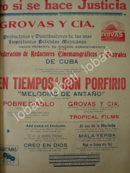 CARTEL ANTIGUO ORIGINAL DE EXITO DE PELICULA EN TIEMPOS DE DON PORFIRIO 1941 GROVAS Y CIA.