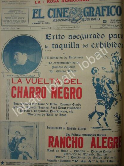 CARTEL ANTIGUO ORIGINAL DE PRE ESTRENO PELICULA LA VUELTA DEL CHARRO NEGRO 1941